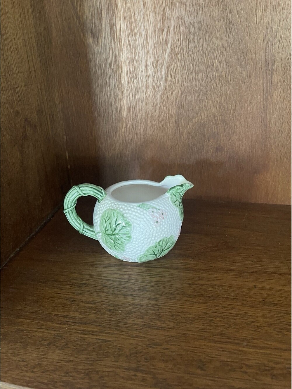 Vintage 1987 Fitz & Floyd FF Ceramic Creamer Pitcher Green Leaves Pink Flowers